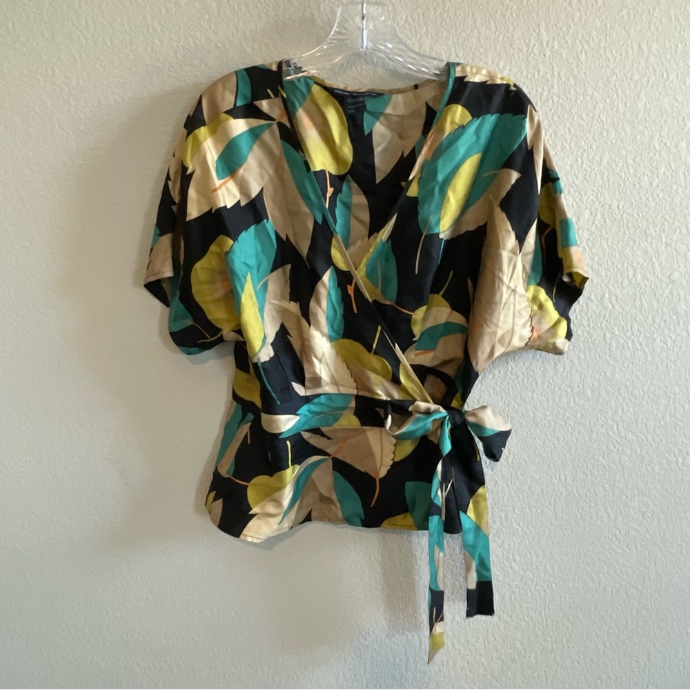 French Connection Silk Floral Wrap Top - Black, Green, Yellow